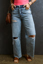 Light Blue Distressed Ripped Raw Hem Straight Jeans
