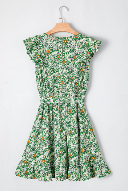Grünes Minikleid mit Blumenmuster, Flatterärmeln, V-Ausschnitt und Schärpen und Rüschen