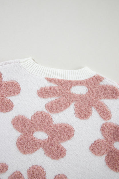 Weißer, strukturierter Pullover mit Blumenmuster und überschnittener Schulter