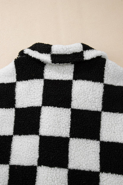 Schwarze, karierte Fleecejacke mit Seitentaschen, Kragen und Knöpfen