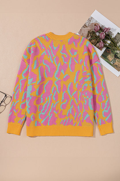 Leuchtend rosa Pullover mit geripptem Leopardenmuster in Übergröße