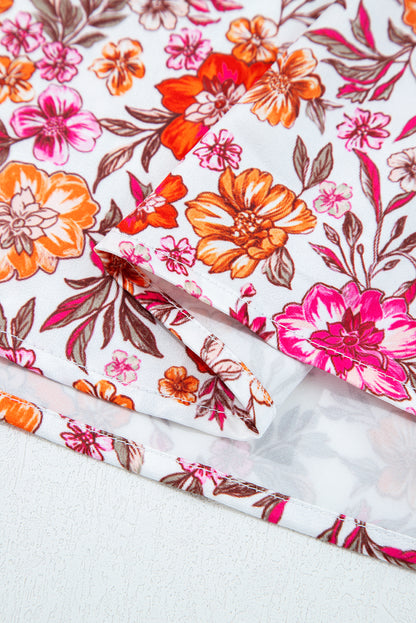 Pink Floral Print Tie Split Neck Bracelet Sleeve Blouse