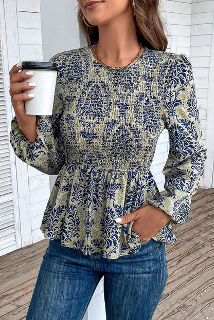 Himmelblaue Boho-Bluse mit Ballonärmeln und gesmoktem Schößchen