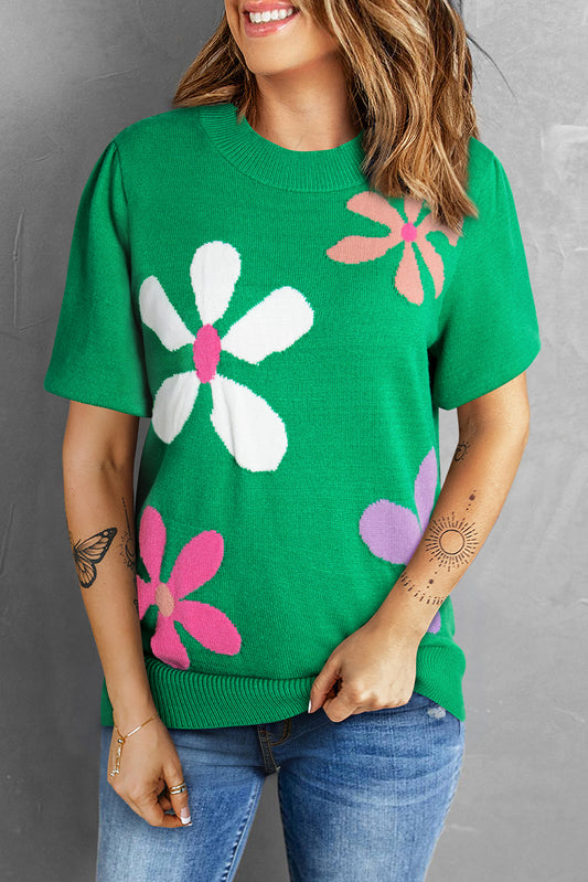 Hellgrüner, kurzärmliger Pullover mit Blumenmuster