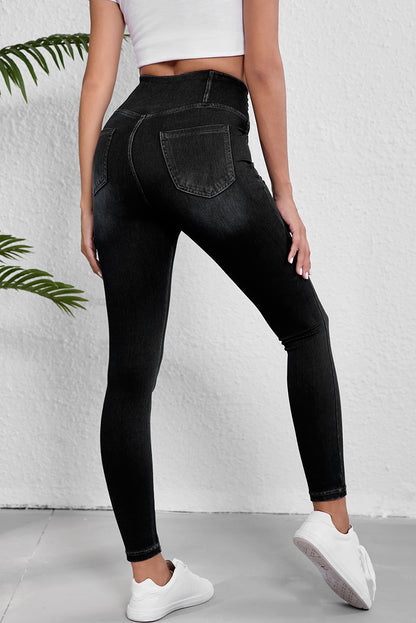 Schwarze, dehnbare Jeggings mit gewölbter Taille und schmaler Passform