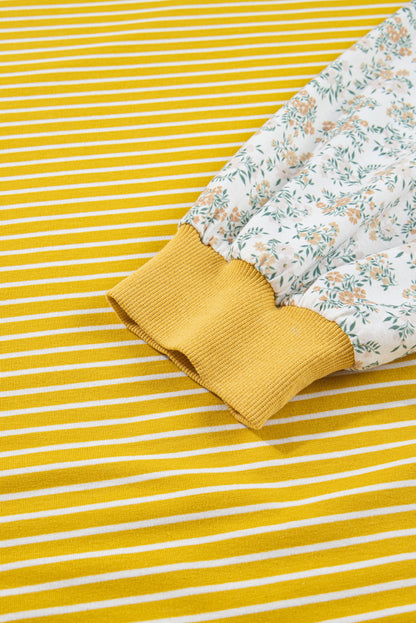 Yellow Stripe Striped Contrast Floral Sleeve Patchwork Plus Size Loose Top