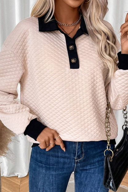 Haferflockenfarbenes Sweatshirt mit strukturiertem Colorblock-Rand und geknöpftem Kragen