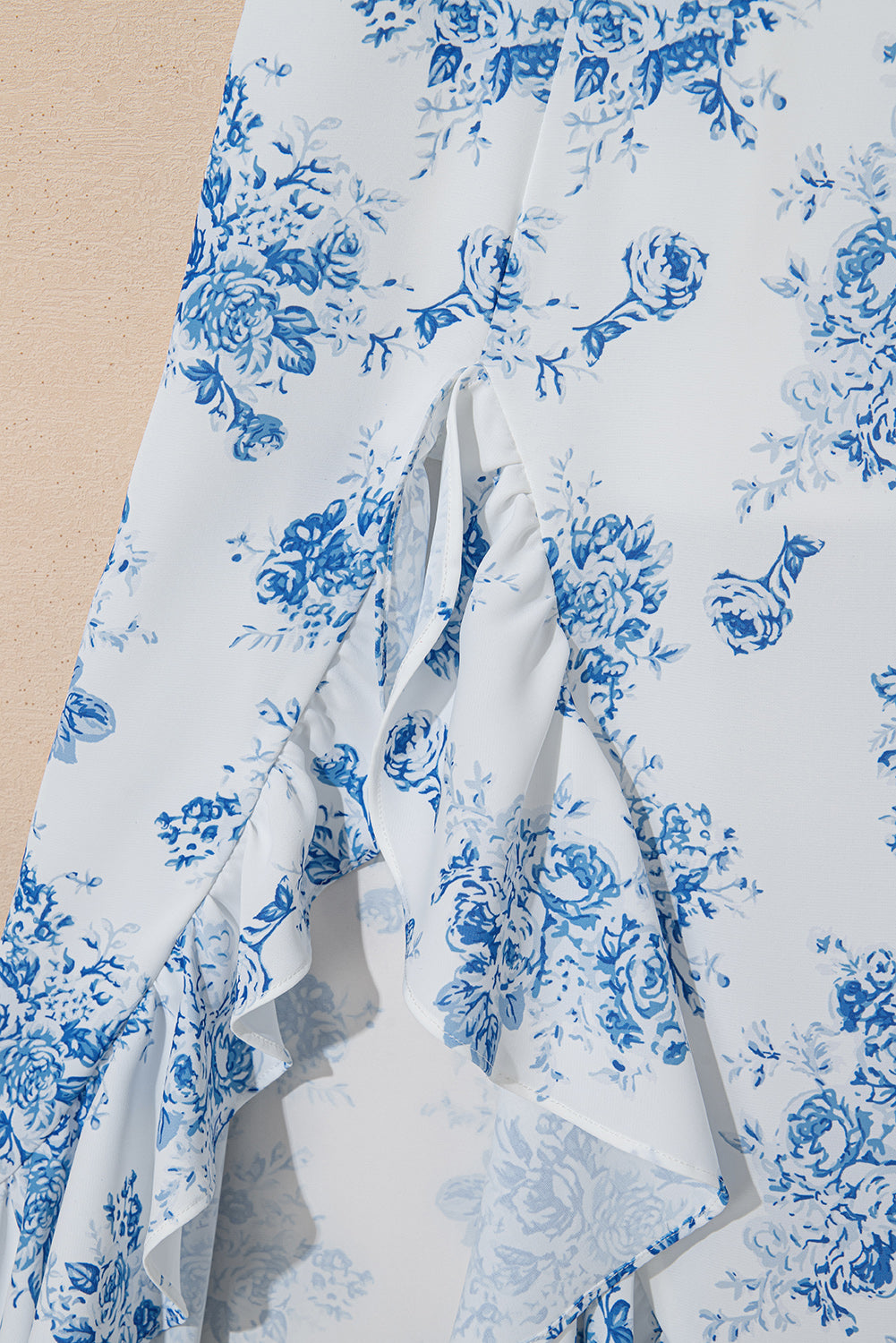 Sky Blue Boho Floral High Waist Ruffle Split Maxi Skirt