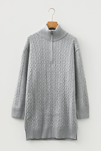 High Cable Knit Quarter Zip Ribbed Trim Loose Sweater Dress