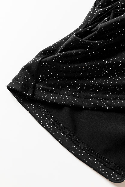 Schwarze Glitzer-Wickelbluse mit V-Ausschnitt, Bindesaum und Puffärmeln