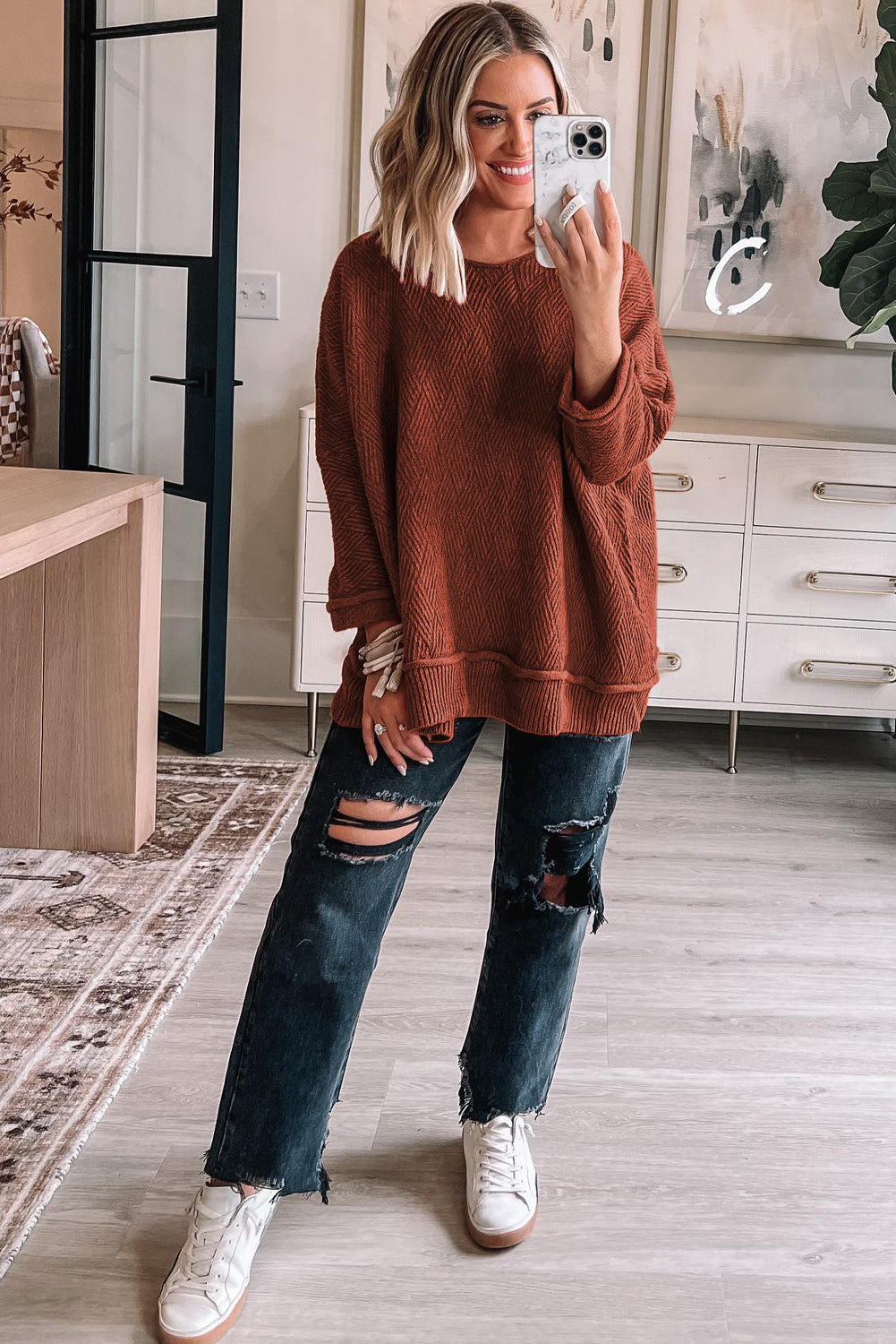 Gold Flame Einfarbig Strukturierter Lockerer Pullover mit Rundhalsausschnitt