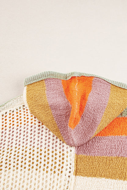 Beigefarbener Oversize-Kapuzenpullover mit Farbblockdesign und V-Ausschnitt