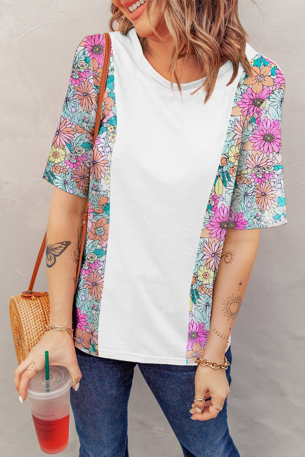 Weißes Patchwork-Kurzarm-Top mit Blumenmuster