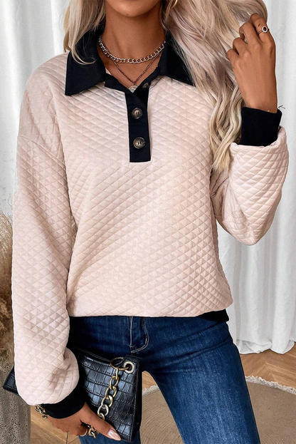 Haferflockenfarbenes Sweatshirt mit strukturiertem Colorblock-Rand und geknöpftem Kragen