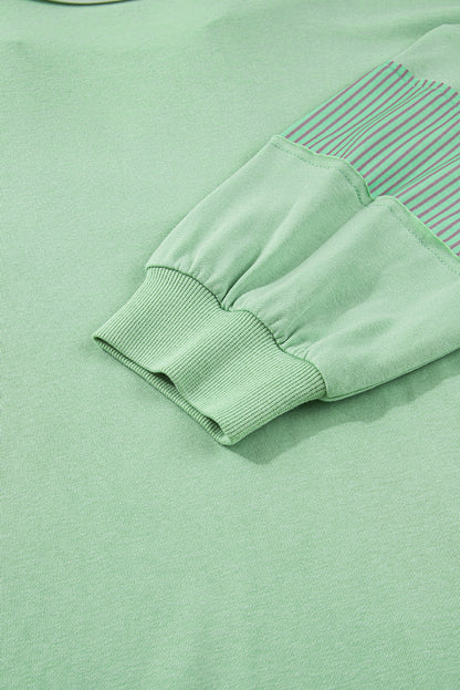 Moonlight Jade Color Block Striped Patchwork Collar V Neck Plus Size Sweatshirt