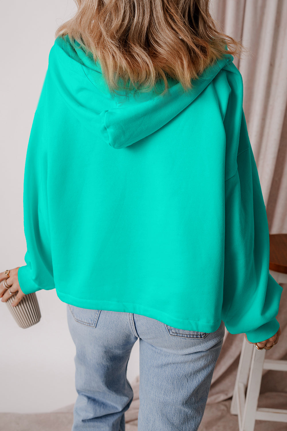 Aruba Blauer, lockerer Hoodie mit Fleecefutter und Kängurutaschen mit halbem Reißverschluss