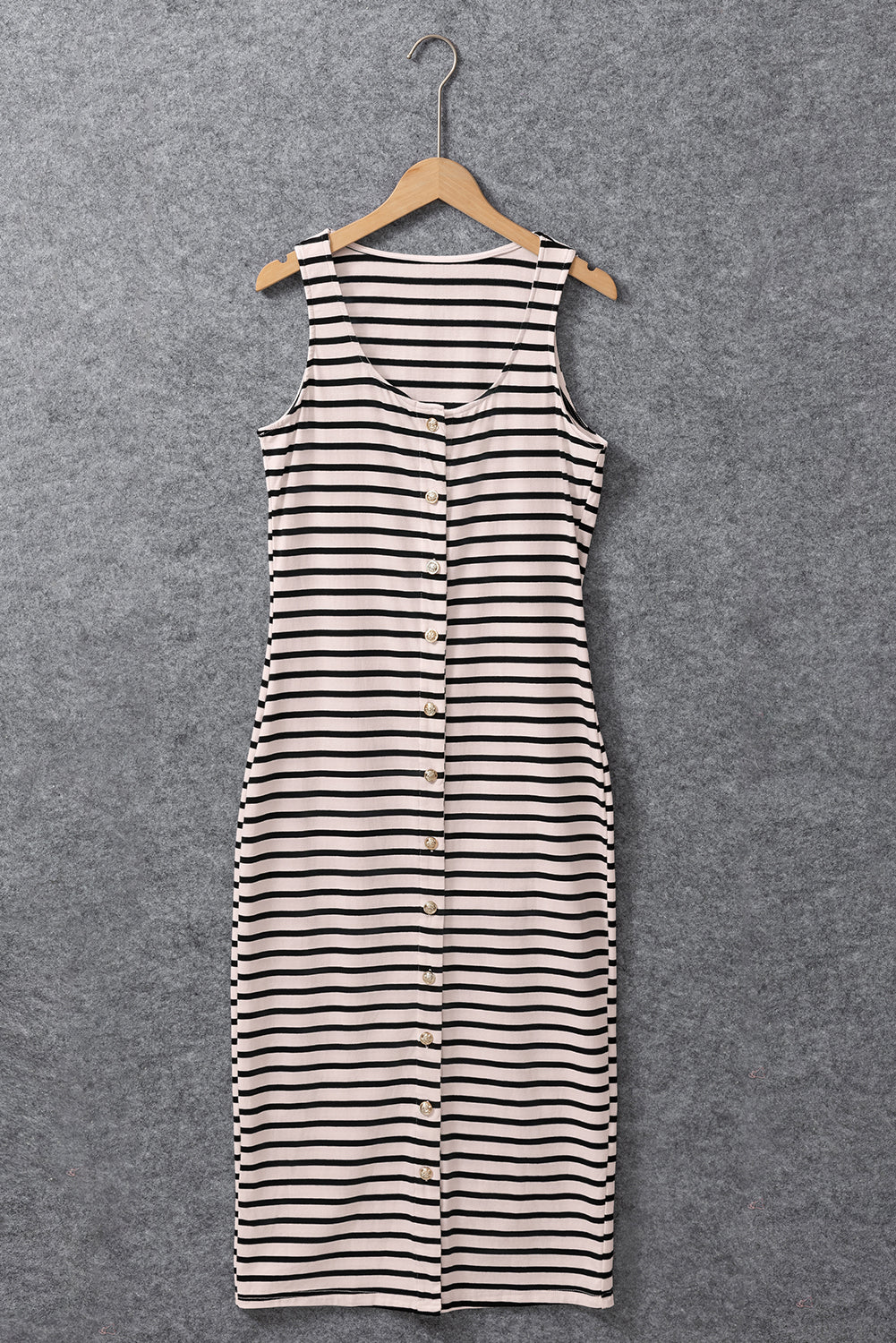 White Striped Print Sleeveless Buttoned Maxi Dress