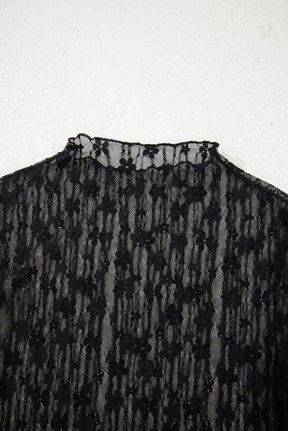 Schwarzes, langärmliges Slim-Fit-Top mit transparenter Blumenspitze