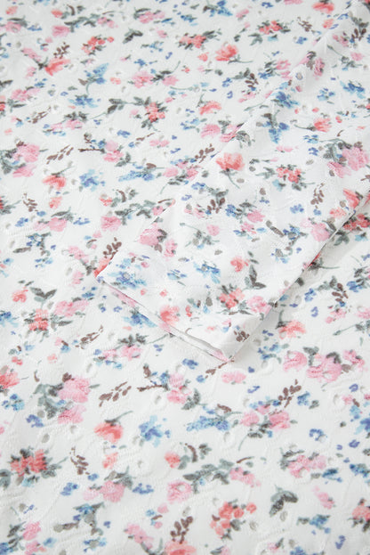 White Floral Print Textured Square Neck Slim Fit Long Sleeve Top