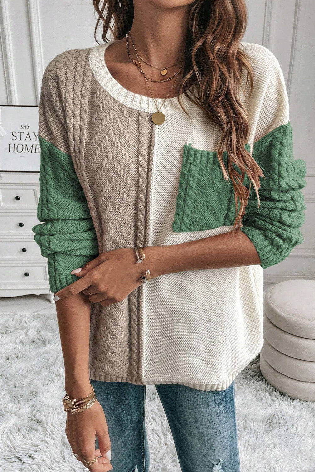 Vineyard Green Colorblock Pullover mit aufgesetzten Taschen und überschnittener Schulter