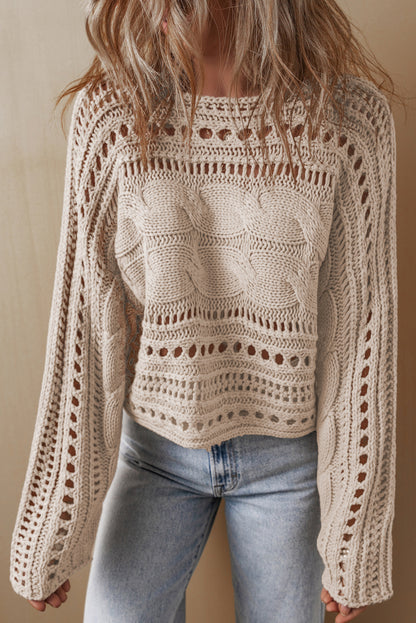 Rauchgrauer kurzer Pullover mit Hohlsaum und Zopfmuster