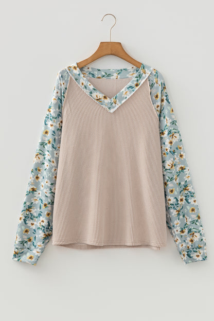 Parchment Twist Ribbed Floral Contrast Patchwork Long Sleeve Top