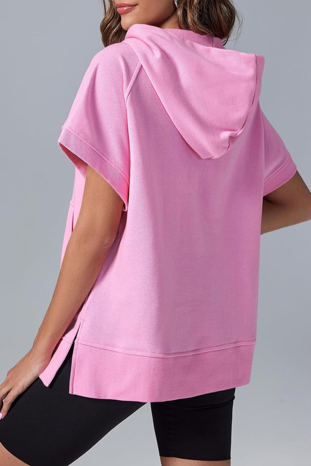 Bonbon Kurzarm-Kapuzenpullover mit halbem Reißverschluss und Kängurutasche