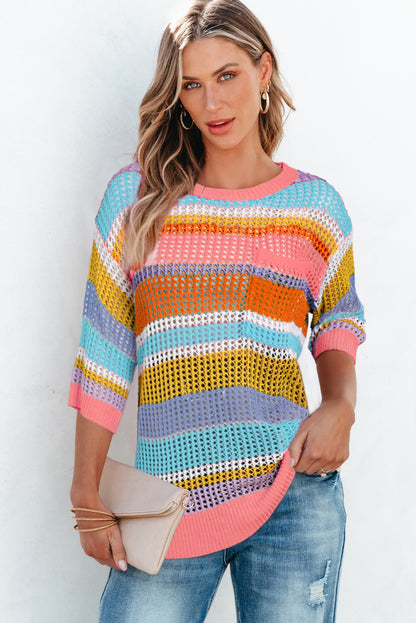 Rosa gestreifter Colorblock-Pullover mit 3/4-Ärmeln und ausgehöhltem Häkelmuster