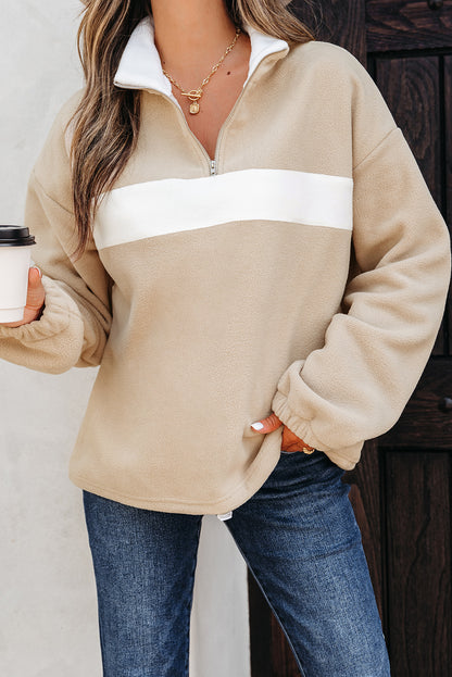 Parchment Fleece Colorblock Patchwork Zipped Neck Pullover Sweatshirt