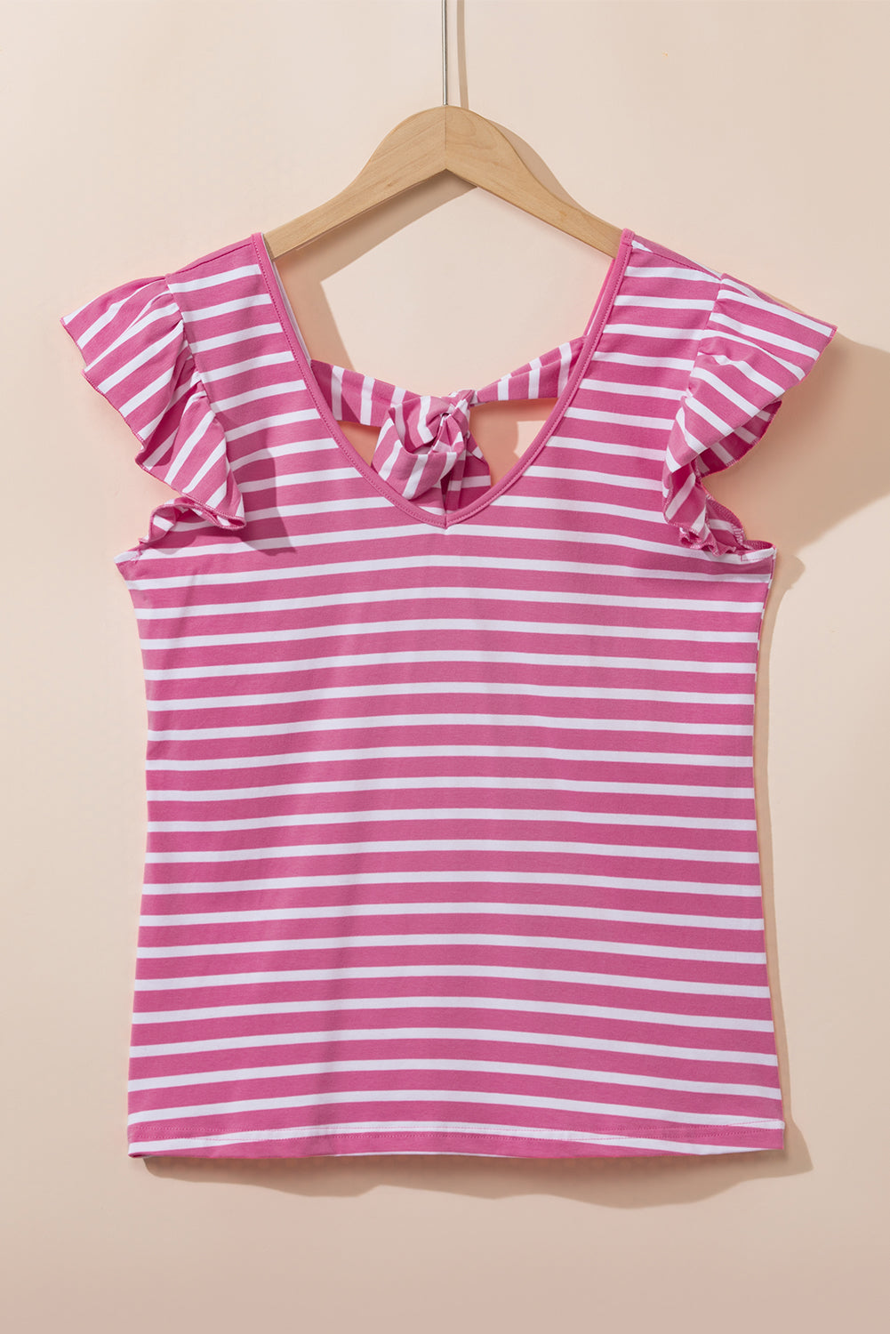 Rosa gestreiftes T-Shirt mit Schmetterlingsärmeln, V-Ausschnitt und ausgehöhltem Knoten auf der Rückseite