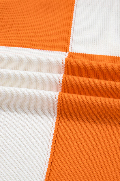 Orange Checkered Bubble Sleeve Drop Shoulder Open Cardigan