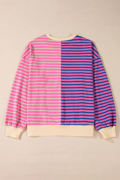 Rosa gestreiftes, lässiges, gestreiftes Colorblock-Sweatshirt mit überschnittener Schulter
