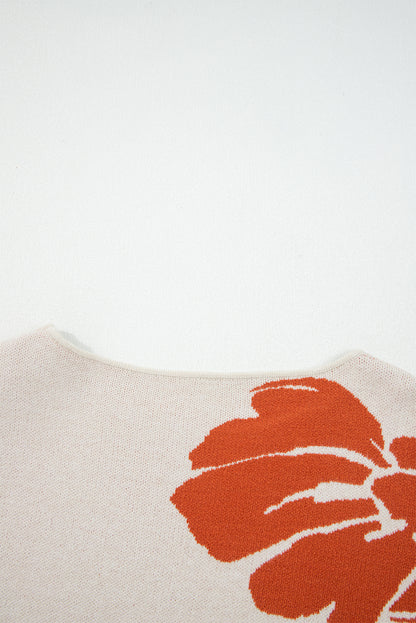 Beige Bold Flower Pattern Wide Sleeve Baggy Sweater