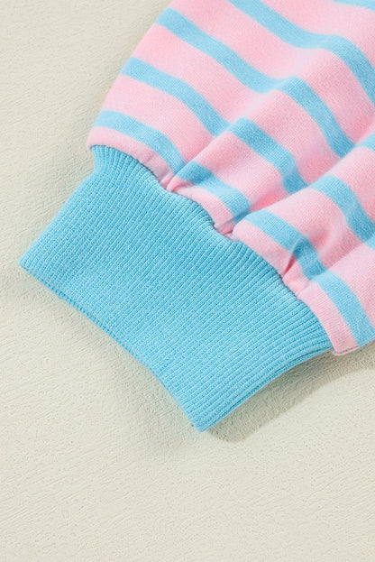Rosa gestreiftes High-Low-Pullover-Tunika-Sweatshirt mit Kontrastbesatz