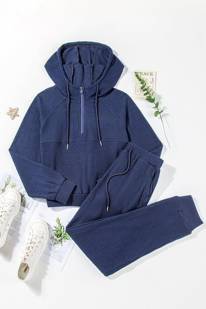 Marineblaues Set aus kurzem Hoodie und Jogginghose mit Kordelzug