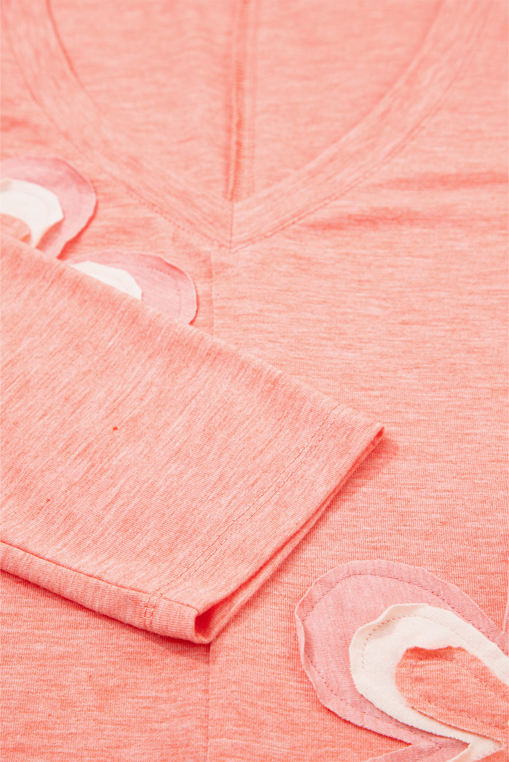 Fresh Salmon Floral Patchwork Langarm T-Shirt mit V-Ausschnitt