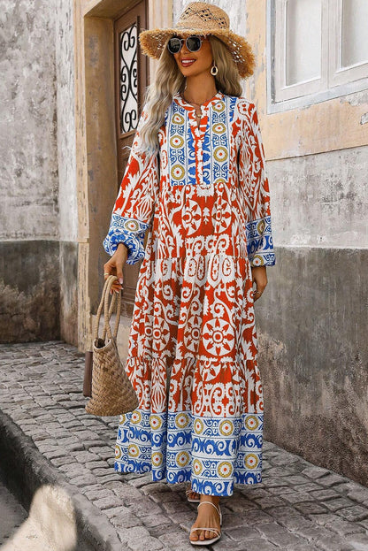 Oranges Boho-Maxikleid mit geometrischem Print und langen Ärmeln