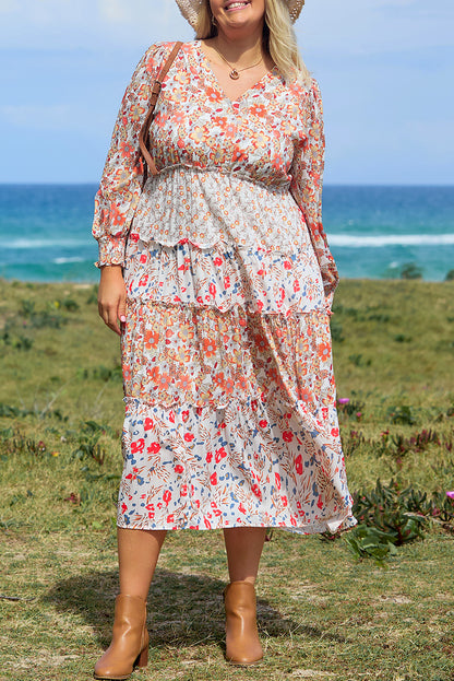 Khakifarbenes Maxikleid mit Blumenmuster und Rüschen in Übergröße