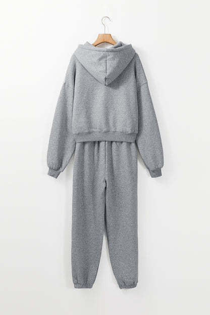 Graues Activewear-Set mit Kapuzenpullover und Jogginghose mit überschnittenen Schultern