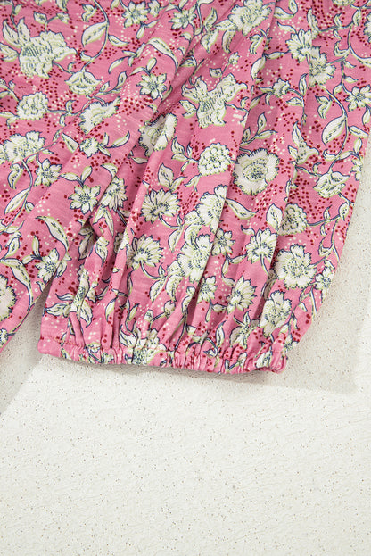 Pink Floral Short Puff Sleeve V Neck Ruched Blouse