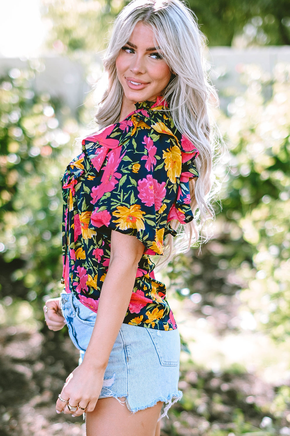 Rose Red Floral Bubble Sleeve Notch V Neck Ruffled Blouse
