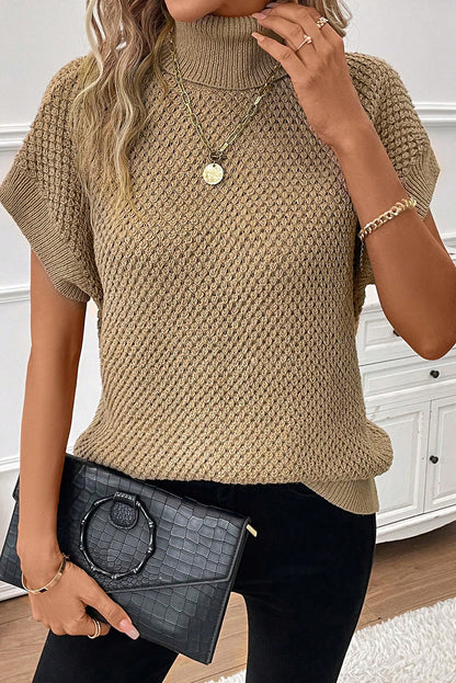 Strukturierter Rollkragenpullover mit kurzen Ärmeln in Hellkhaki