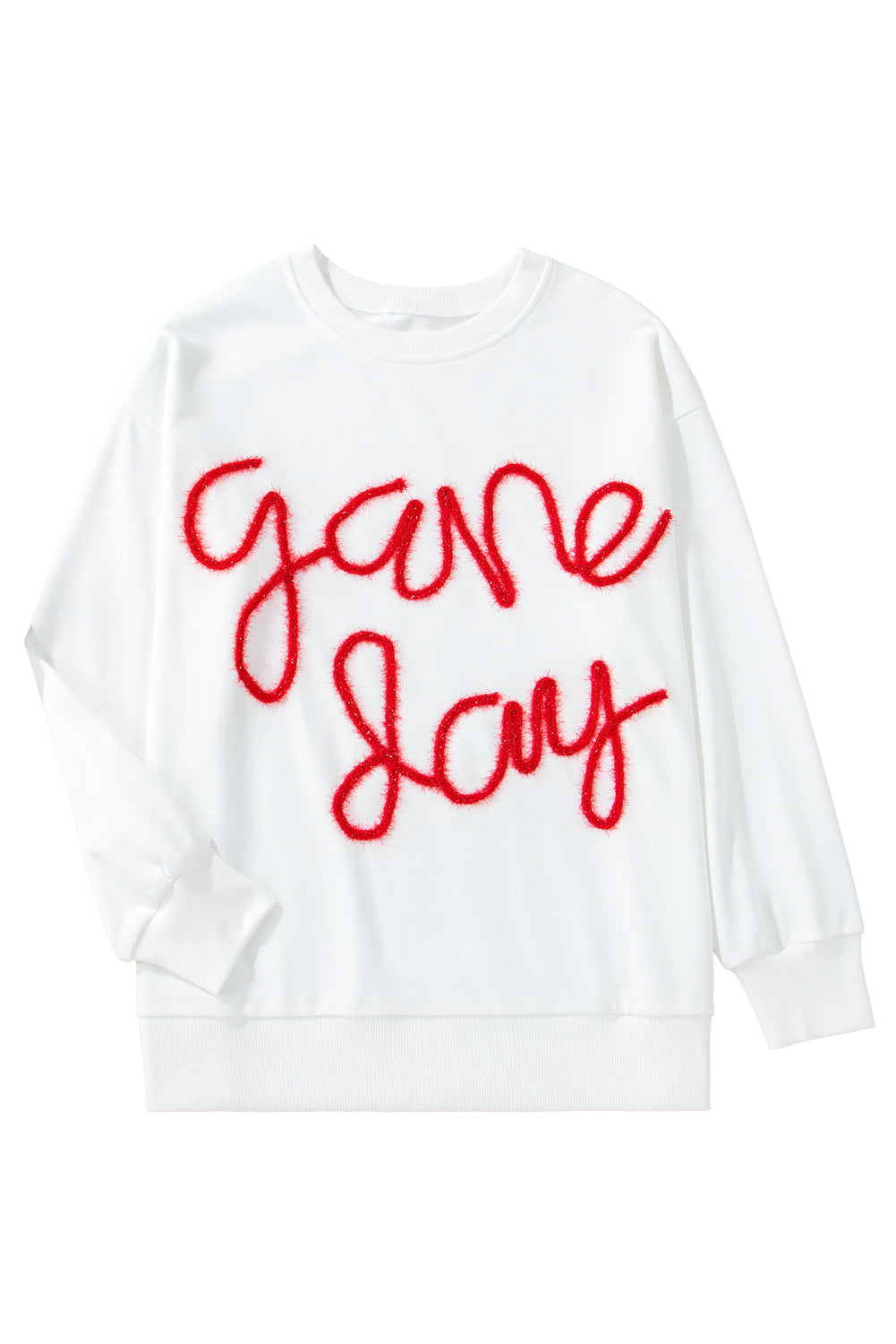 Weißes Lametta-Sweatshirt mit Game Day-Grafik und überschnittener Schulter