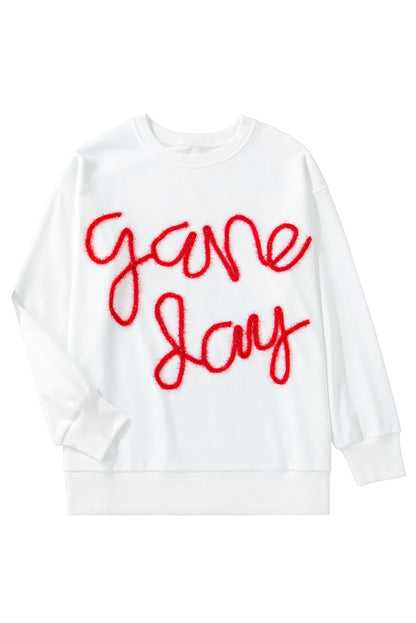 Weißes Lametta-Sweatshirt mit Game Day-Grafik und überschnittener Schulter