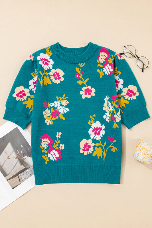 Blue Flower Pattern Mock Neck Short Sleeve Knitted T Shirt