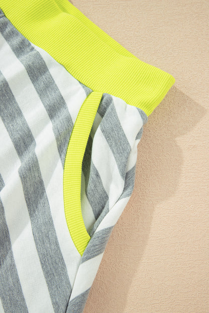 Gray Stripe Contrast Ribbed Banding Long Sleeve Blouse Loose Shorts Set