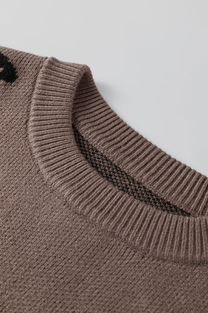 Camel Asymmetric Leopard Print Detail Drop Shoulder Sweater