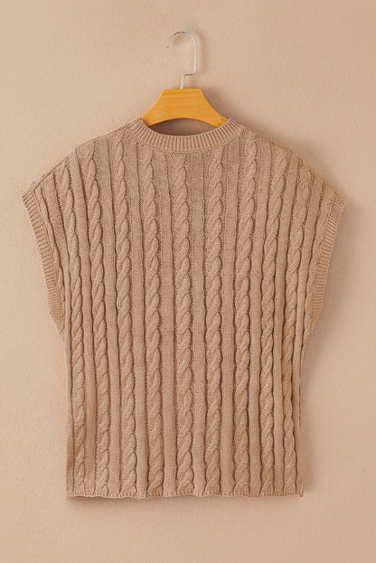 Hellbeiger, kurzärmliger Zopfmusterpullover mit Rundhalsausschnitt