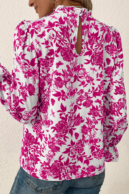 Bluse mit Rosen-Blumendruck, Volantärmeln und Schlüsselloch-Rücken