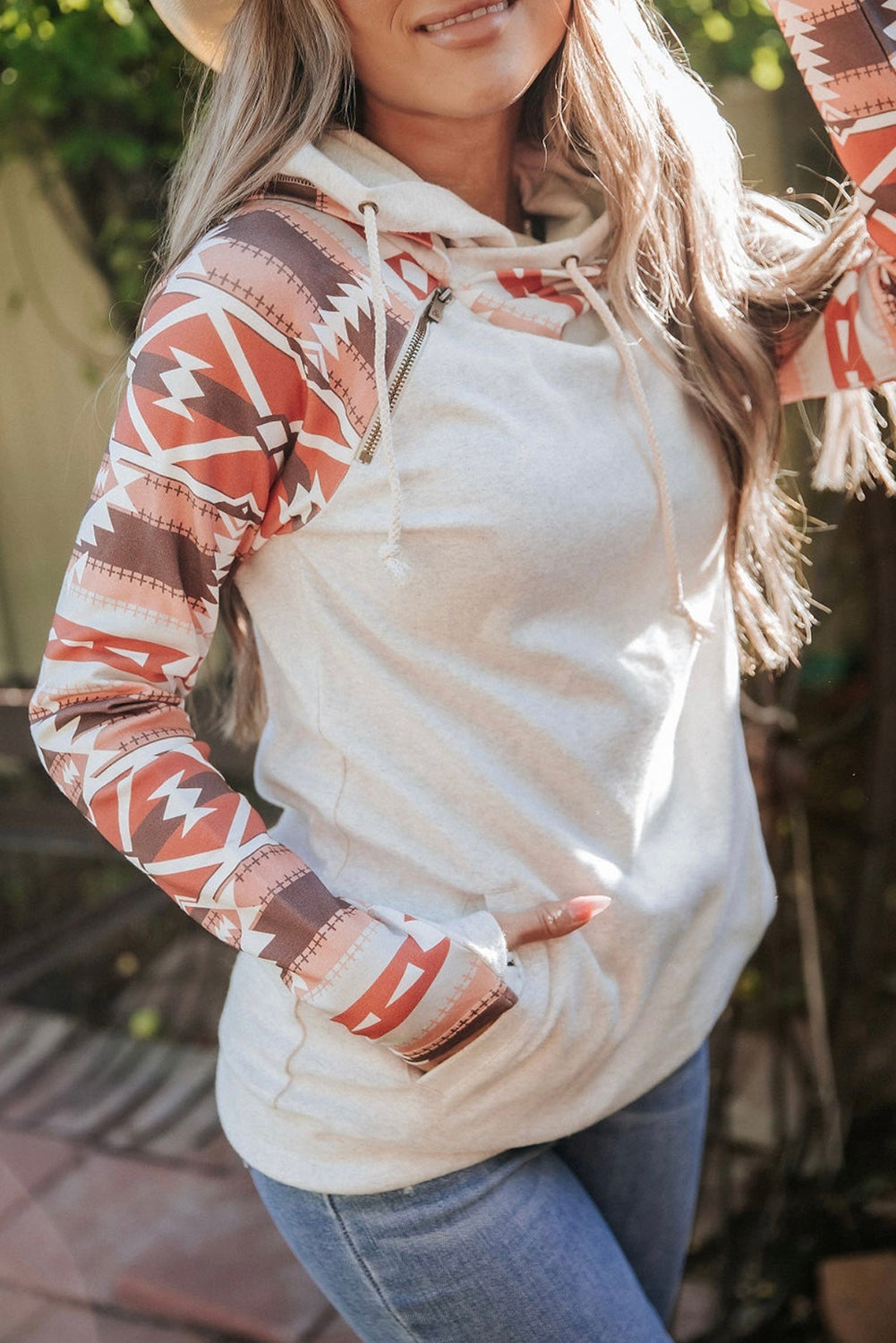 Patchwork-Hoodie mit Doppelkapuze im Western-Azteken-Print